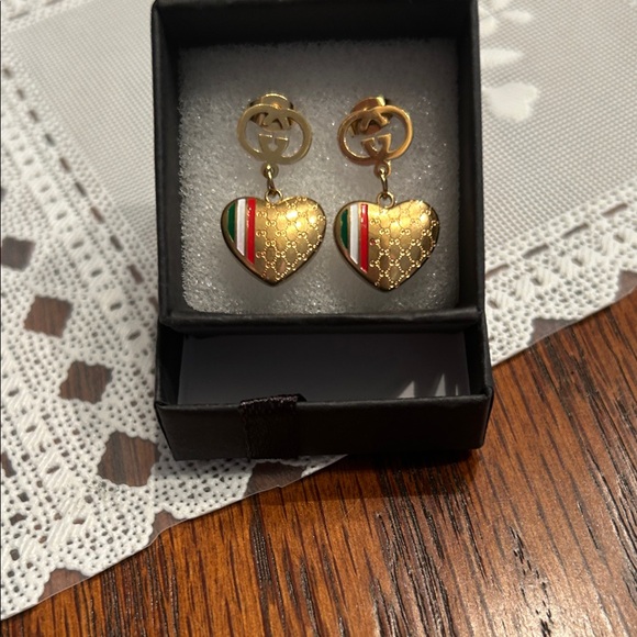 Gucci Jewelry - Gucci Gold Heart Drop Earrings with Green-Red-White Stripe